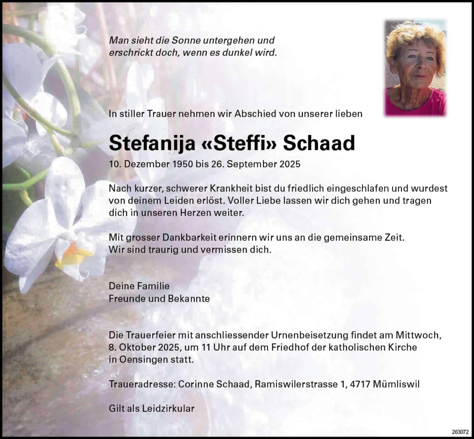 Stefanija «Steffi» Schaad 1959 Todesanzeige / Anzeiger Thal Gäu Olten