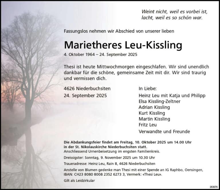 Marietheres Leu-Kissling 1964 Todesanzeige / Anzeiger Thal Gäu Olten