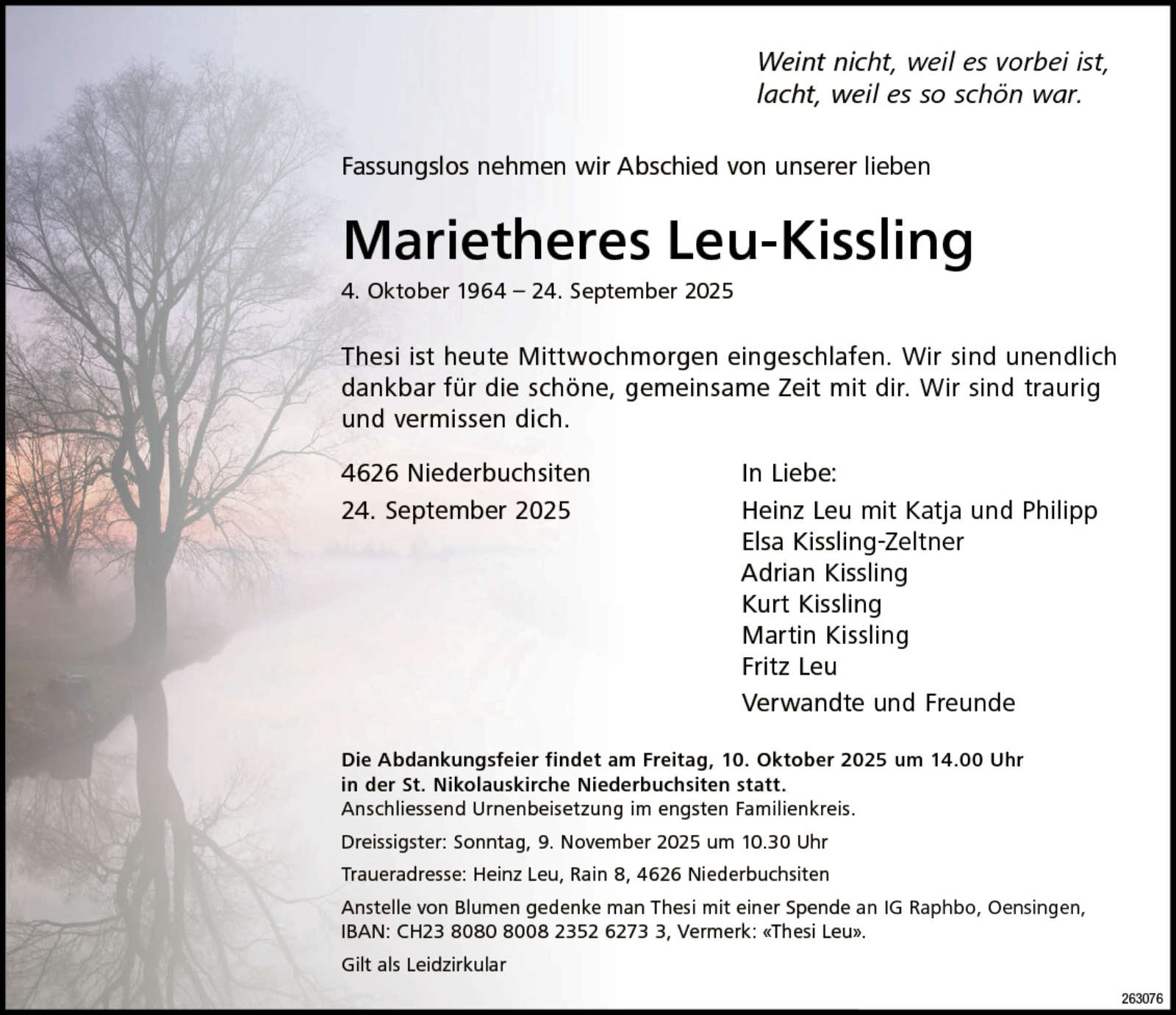 Marietheres Leu-Kissling 1964 Todesanzeige / Anzeiger Thal Gäu Olten