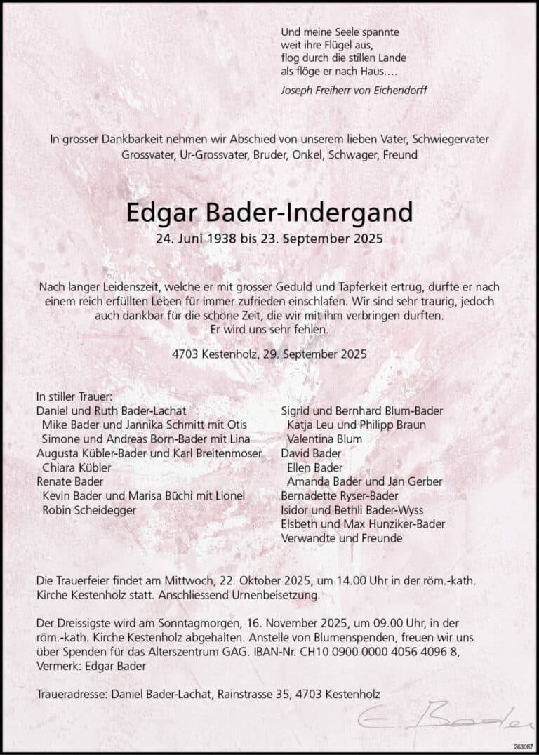 Edgar Bader-Indergand 1938 Todesanzeige / Anzeiger Thal Gäu Olten