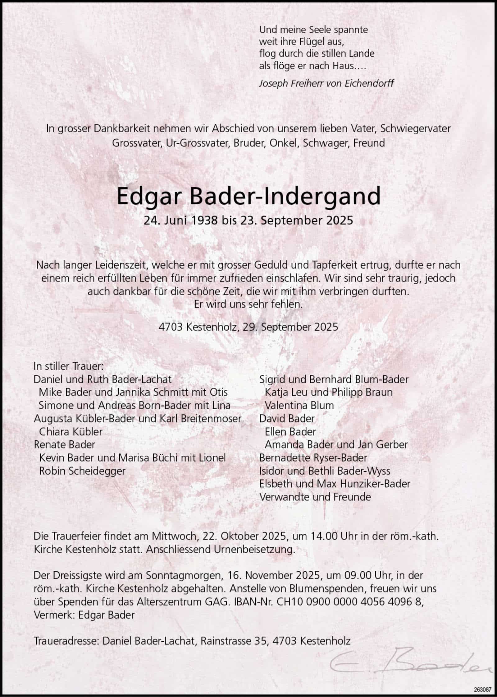 Edgar Bader-Indergand 1938 Todesanzeige / Anzeiger Thal Gäu Olten