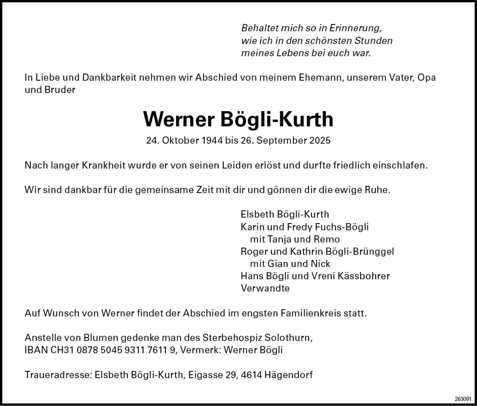 Werner Bögli-Kurth 1944 Todesanzeige / Anzeiger Thal Gäu Olten