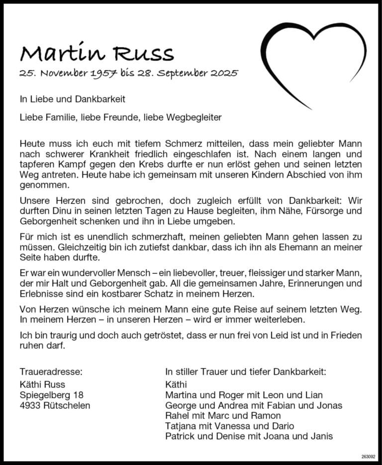 Martin Russ 1957 Todesanzeige / Anzeiger Thal Gäu Olten