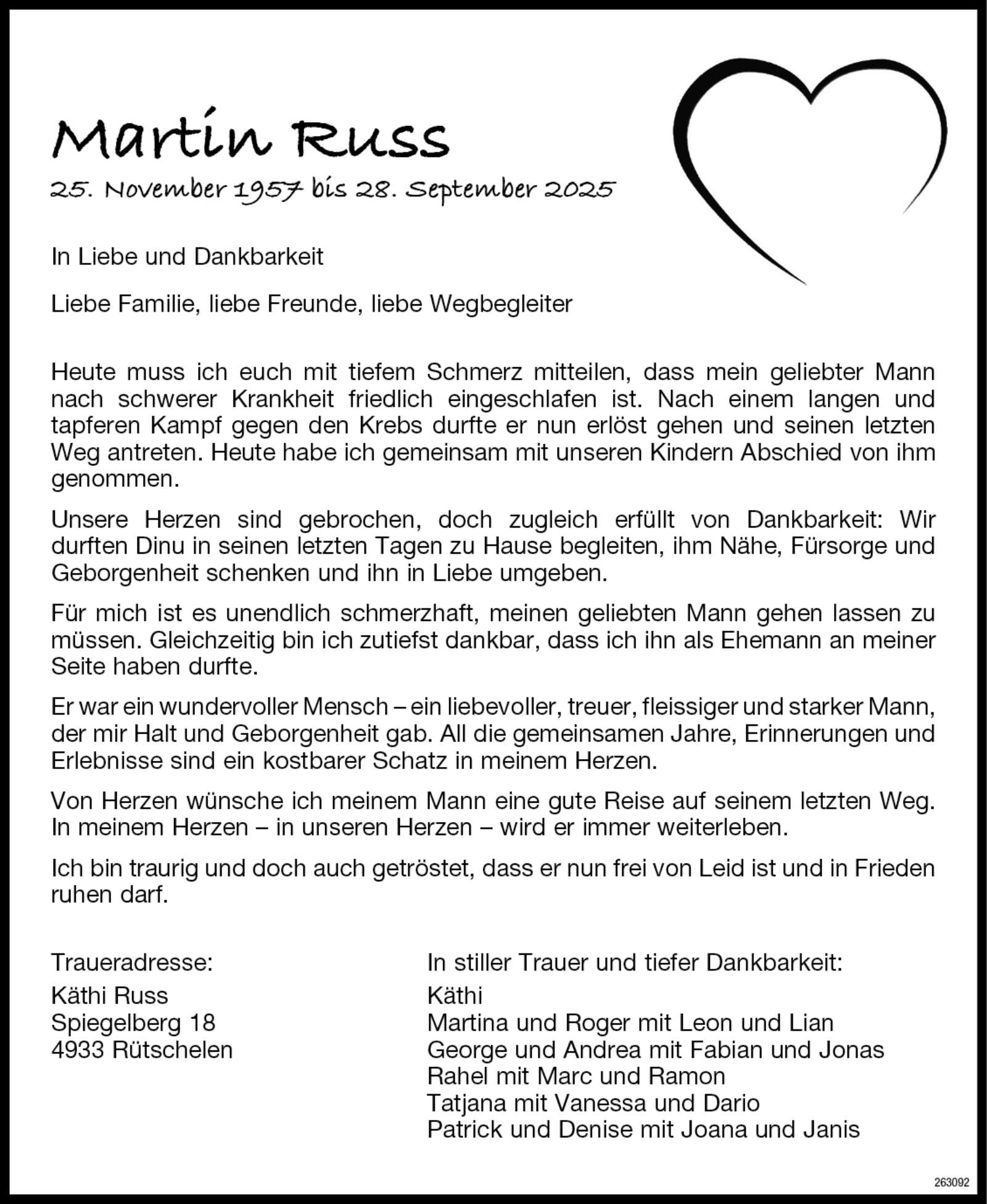 Martin Russ 1957 Todesanzeige / Anzeiger Thal Gäu Olten