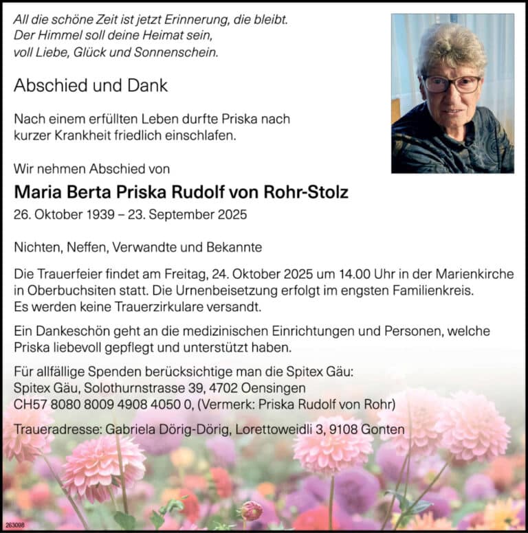 Maria Berta Priska Rudolf von Rohr-Stolz 1939 Todesanzeige / Anzeiger Thal Gäu Olten