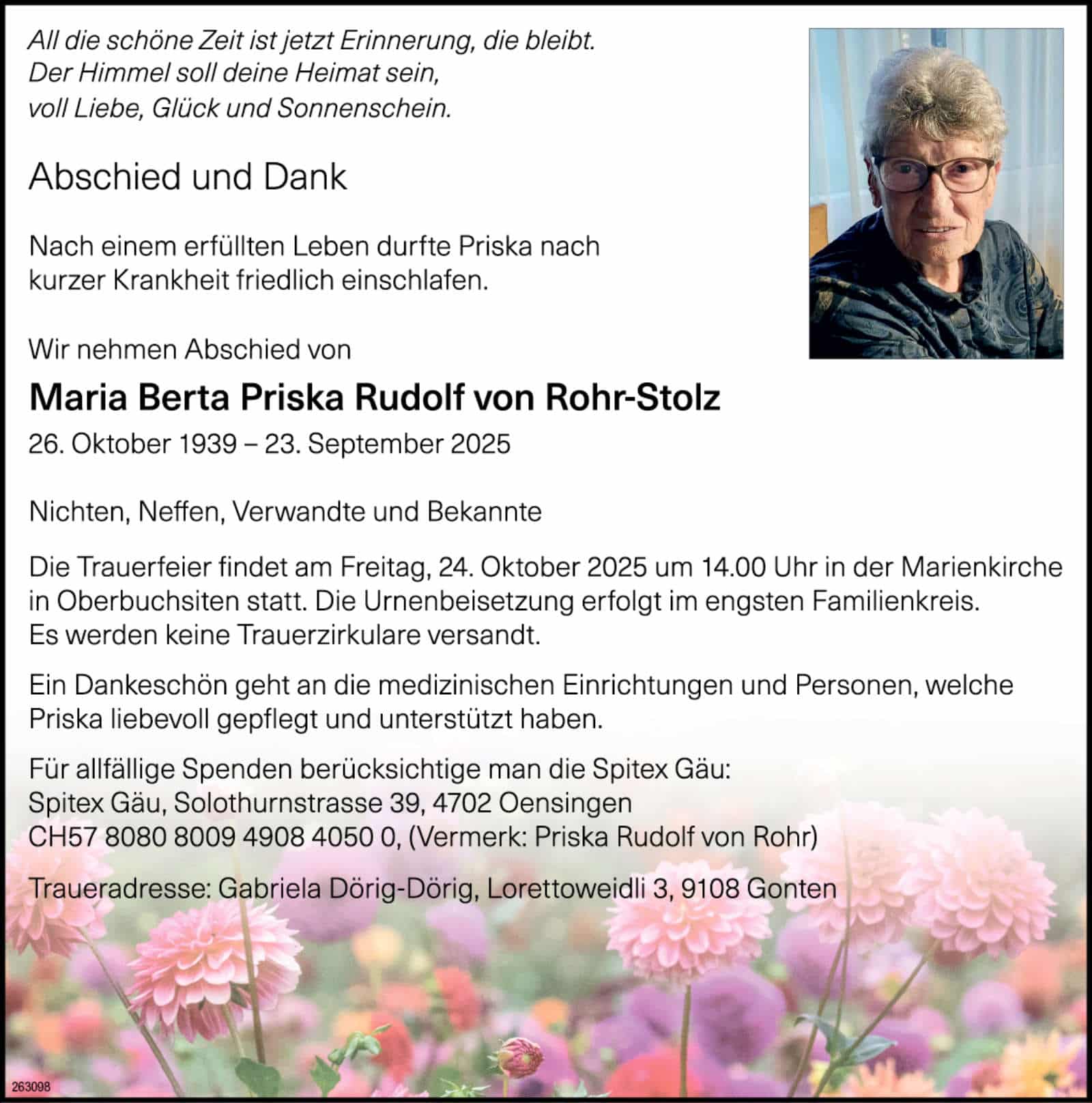 Maria Berta Priska Rudolf von Rohr-Stolz 1939 Todesanzeige / Anzeiger Thal Gäu Olten