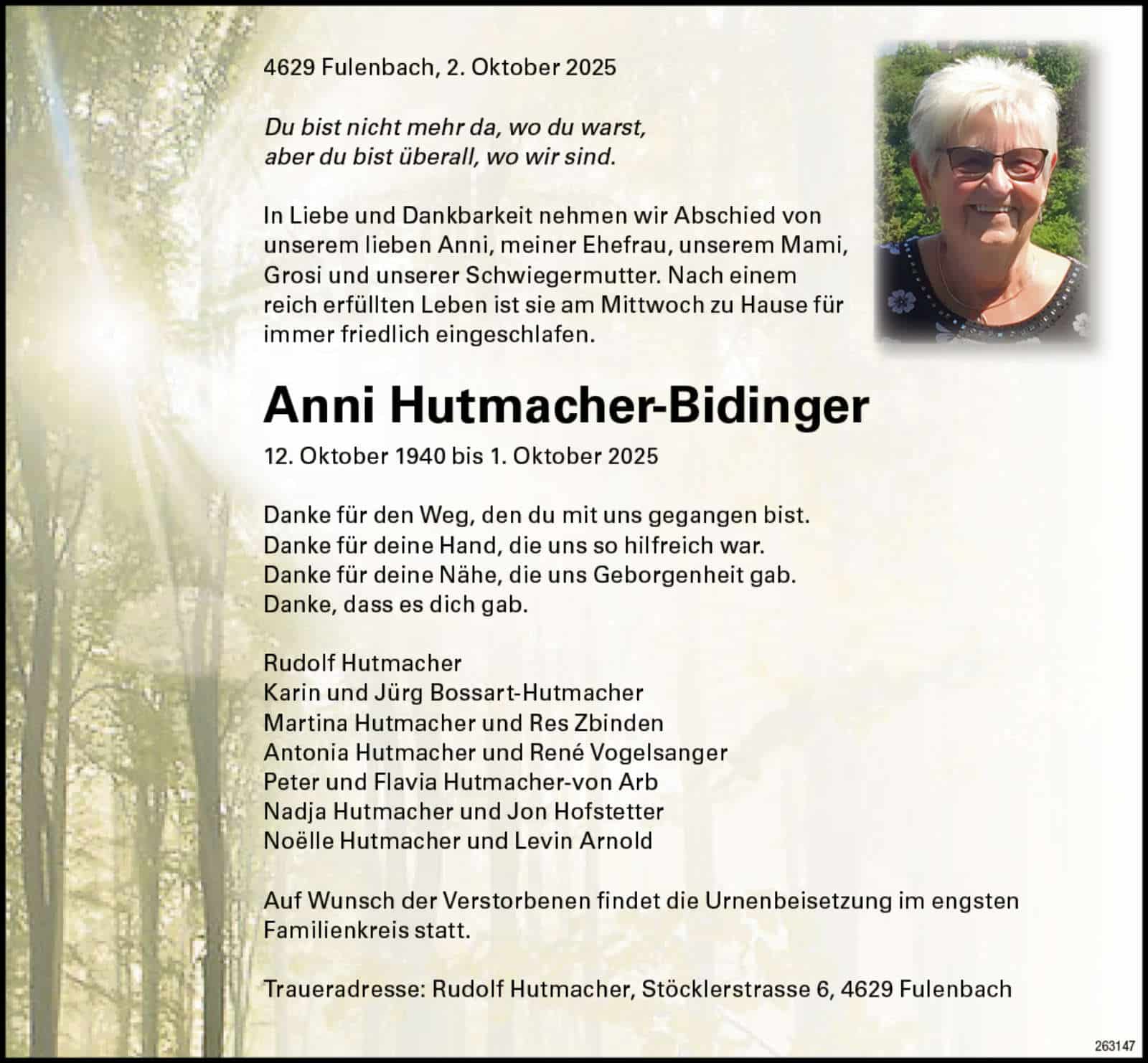 Anni Hutmacher-Bidinger 1940 Todesanzeige / Anzeiger Thal Gäu Olten