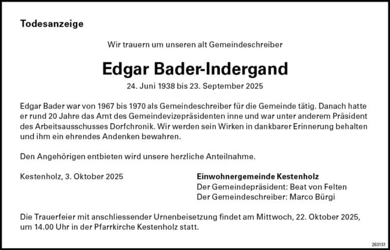 Edgar Bader-Ingergand 1938 Todesanzeige / Anzeiger Thal Gäu Olten