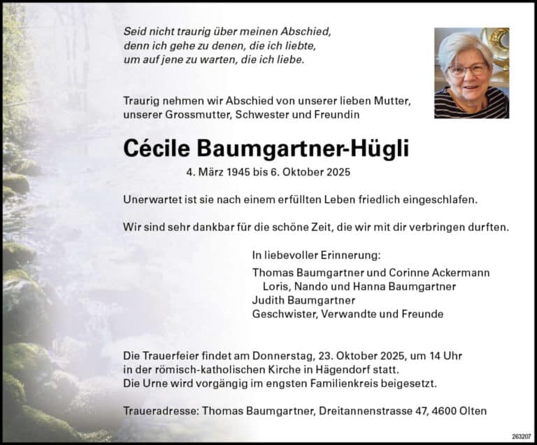 Cécile Baumgartner-Hügli 1945 Todesanzeige / Anzeiger Thal Gäu Olten