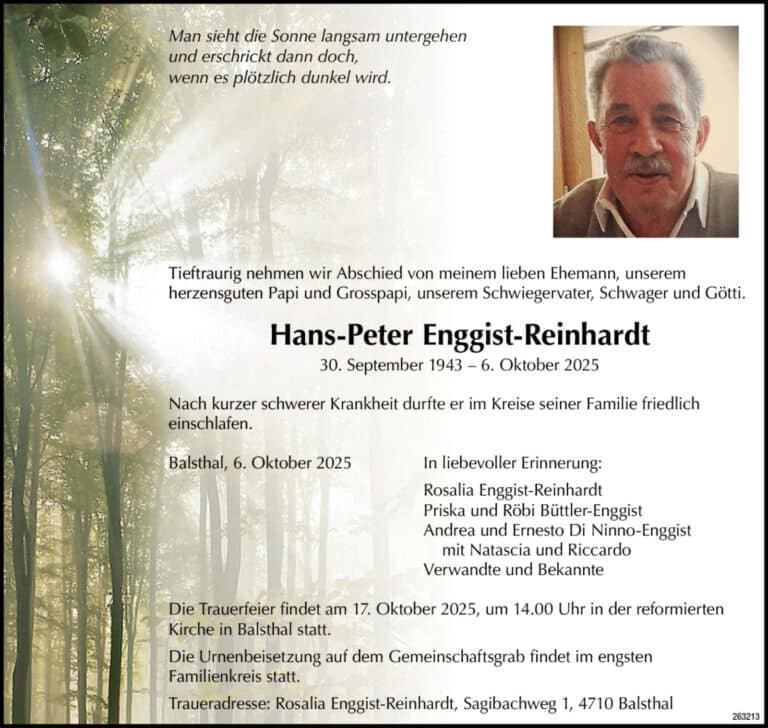 Hans-Peter Enggist-Reinhardt 1943 Todesanzeige / Anzeiger Thal Gäu Olten