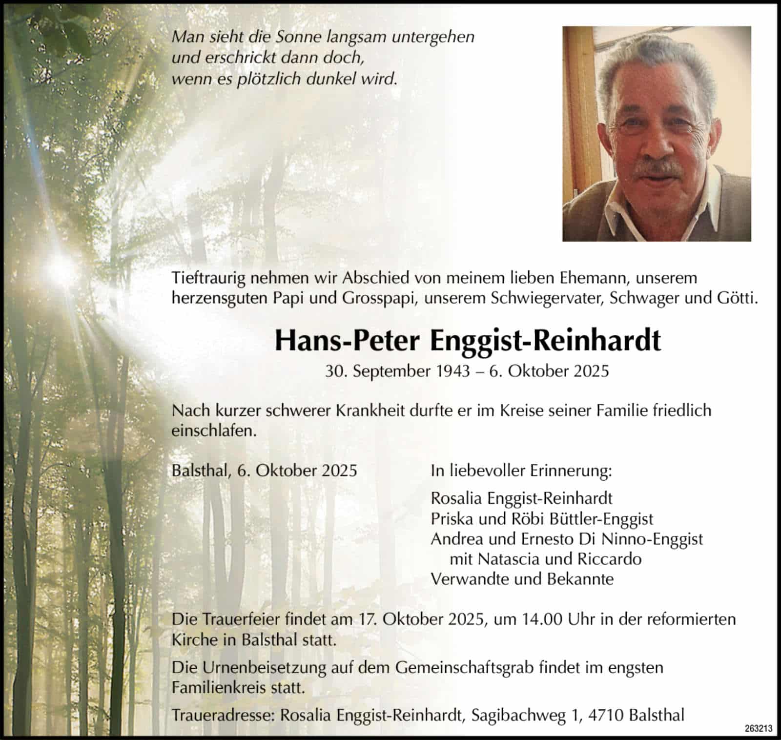 Hans-Peter Enggist-Reinhardt 1943 Todesanzeige / Anzeiger Thal Gäu Olten