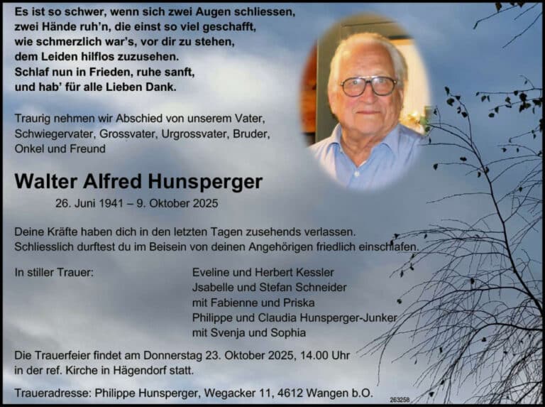 Walter Alfred Hunsperger 1941 Todesanzeige / Anzeiger Thal Gäu Olten