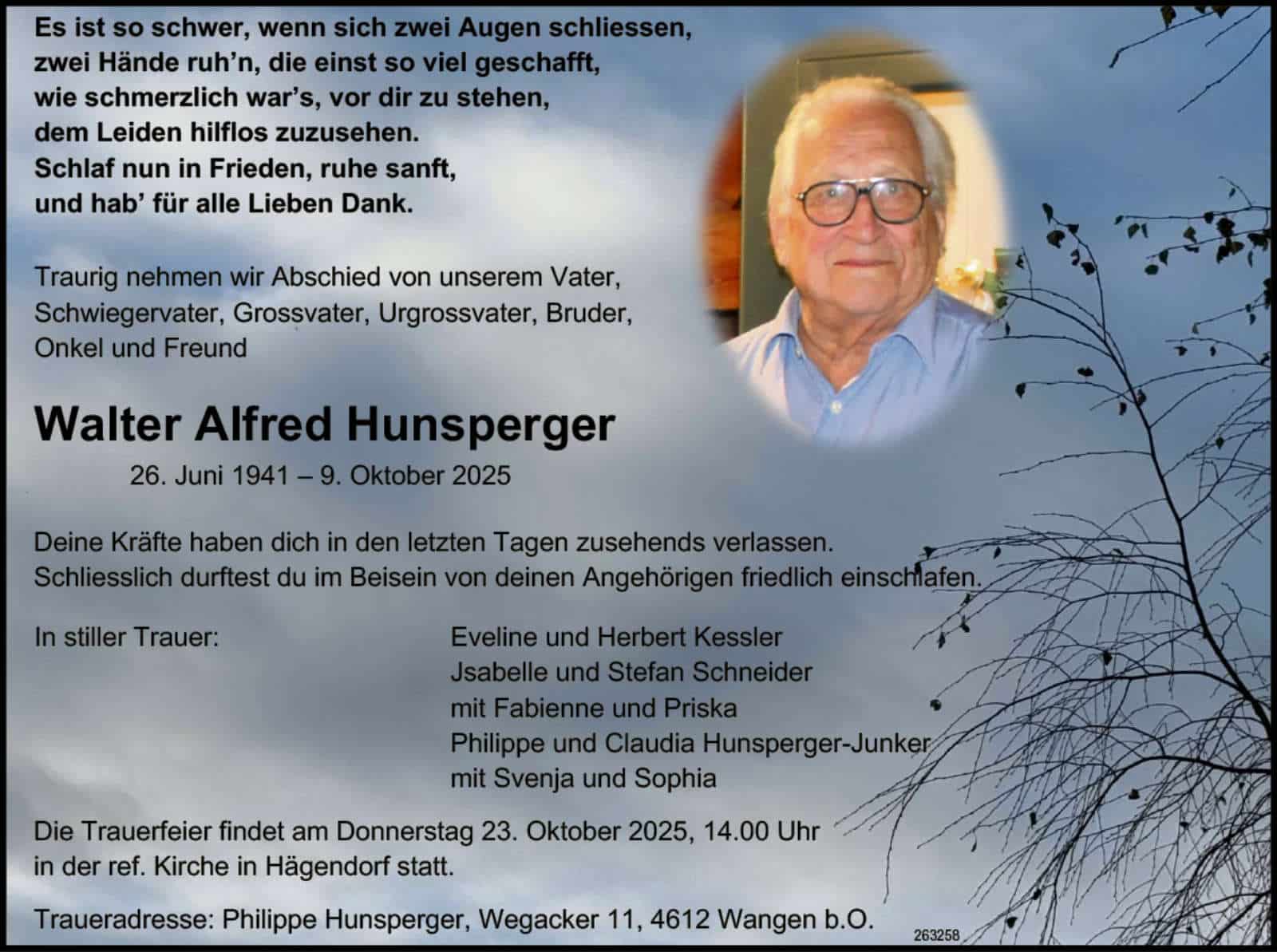 Walter Alfred Hunsperger 1941 Todesanzeige / Anzeiger Thal Gäu Olten