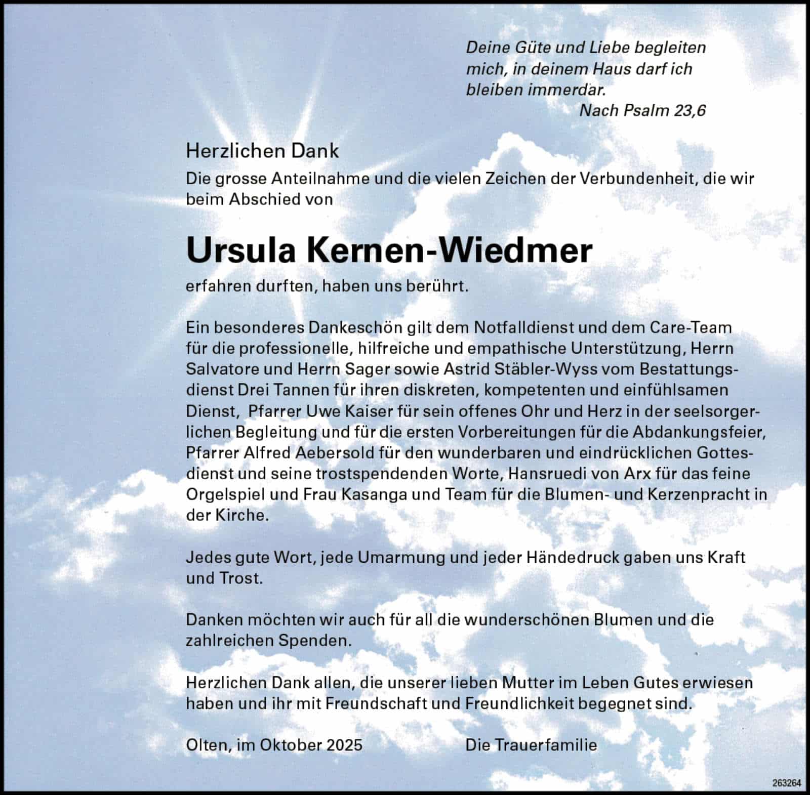 Ursula Kernen-Wiedmer Todesanzeige / Anzeiger Thal Gäu Olten