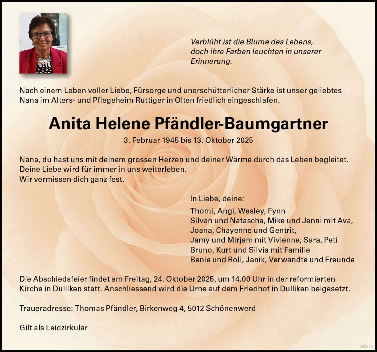 Anita Helene Pfändler-Baumgartner 1945 Todesanzeige / Anzeiger Thal Gäu Olten