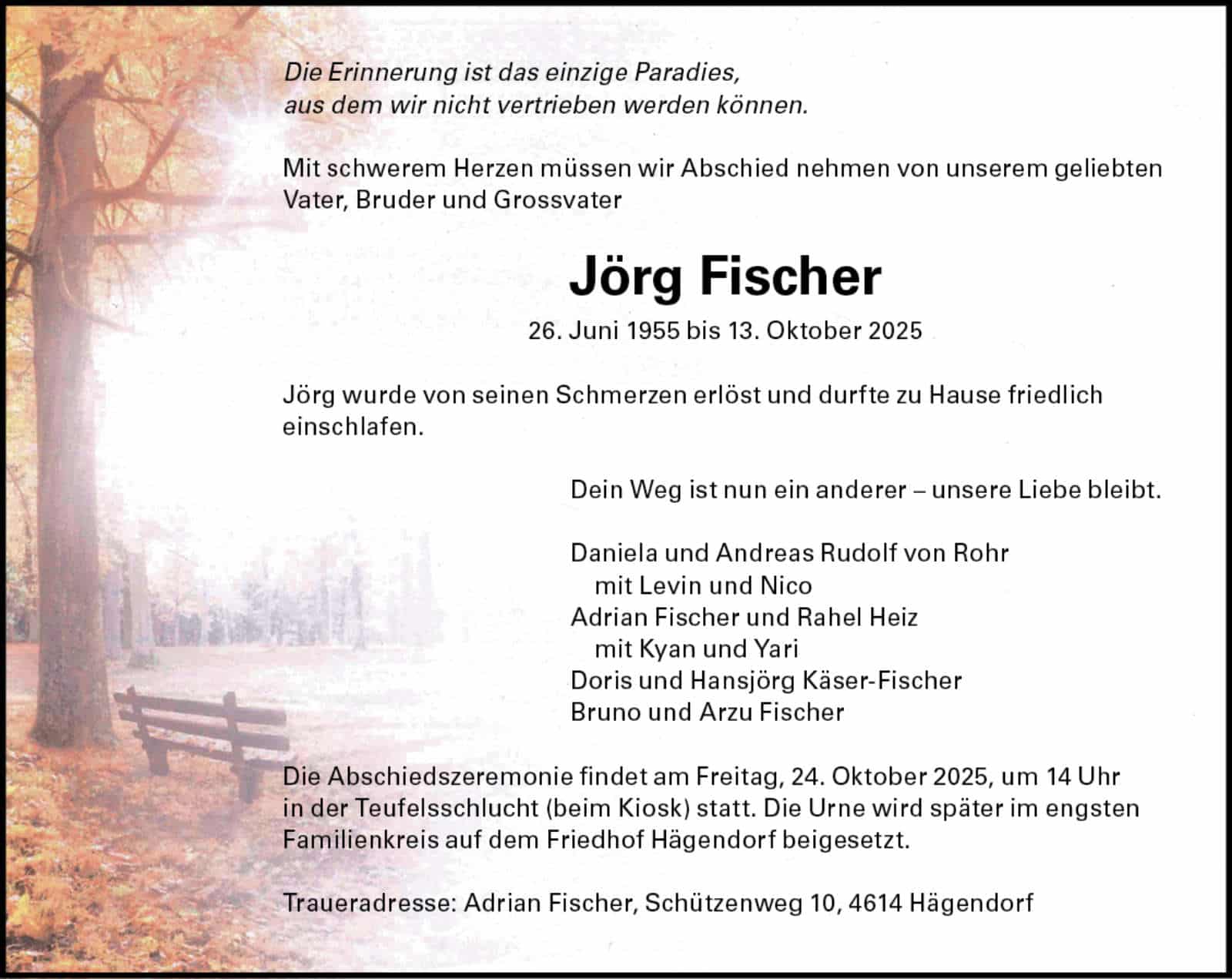 Jörg Fischer 1955 Todesanzeige / Anzeiger Thal Gäu Olten