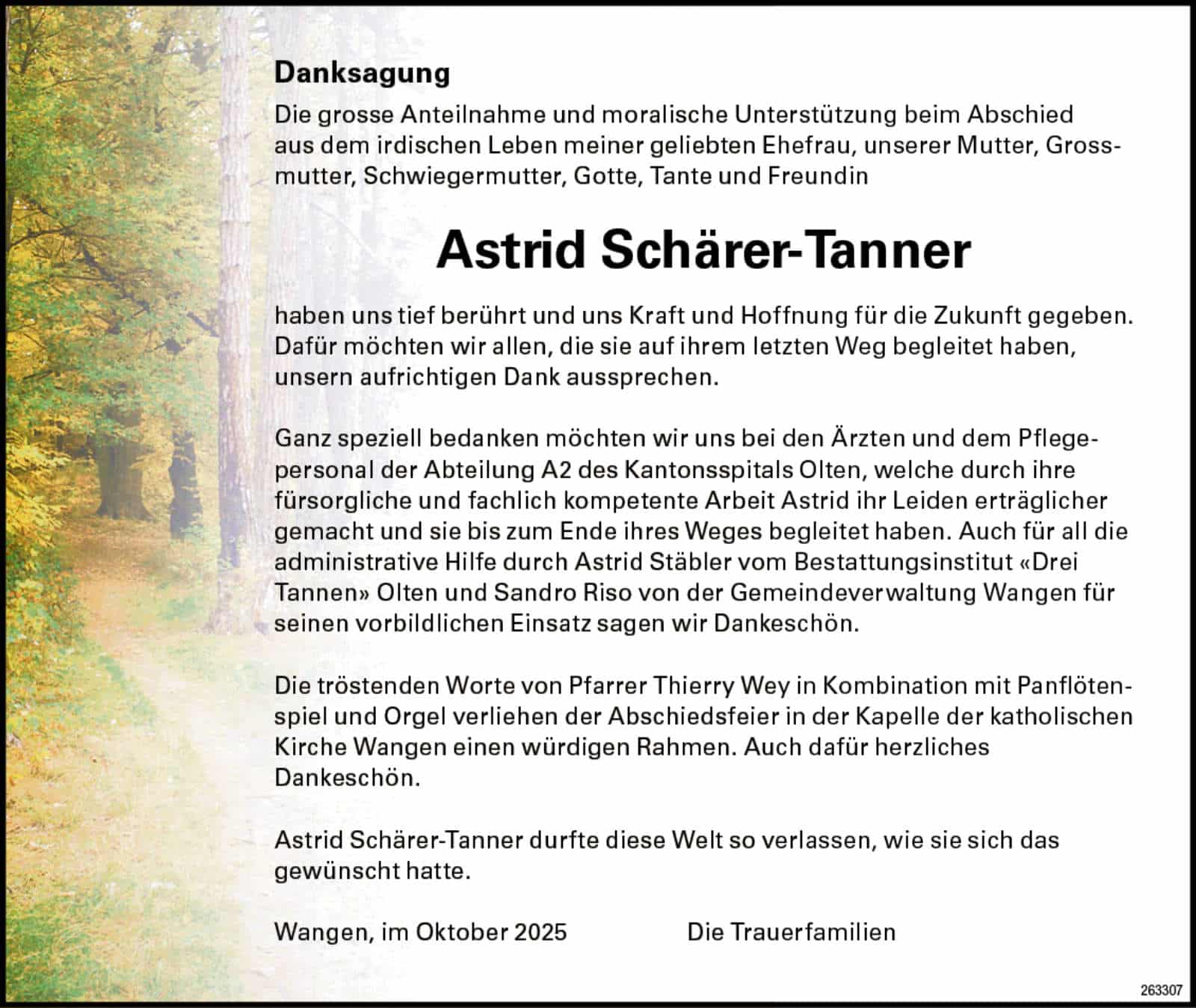 Astrid Schärer-Tanner Todesanzeige / Anzeiger Thal Gäu Olten
