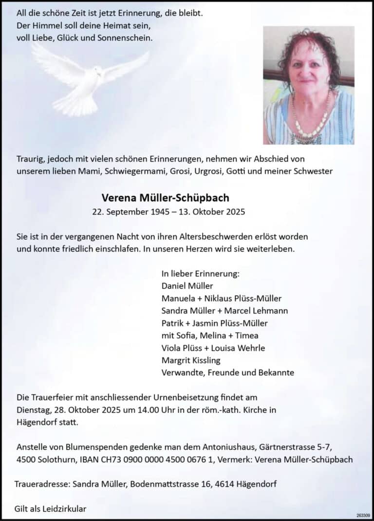 Verena Müller-Schüpbach 1945 Todesanzeige / Anzeiger Thal Gäu Olten