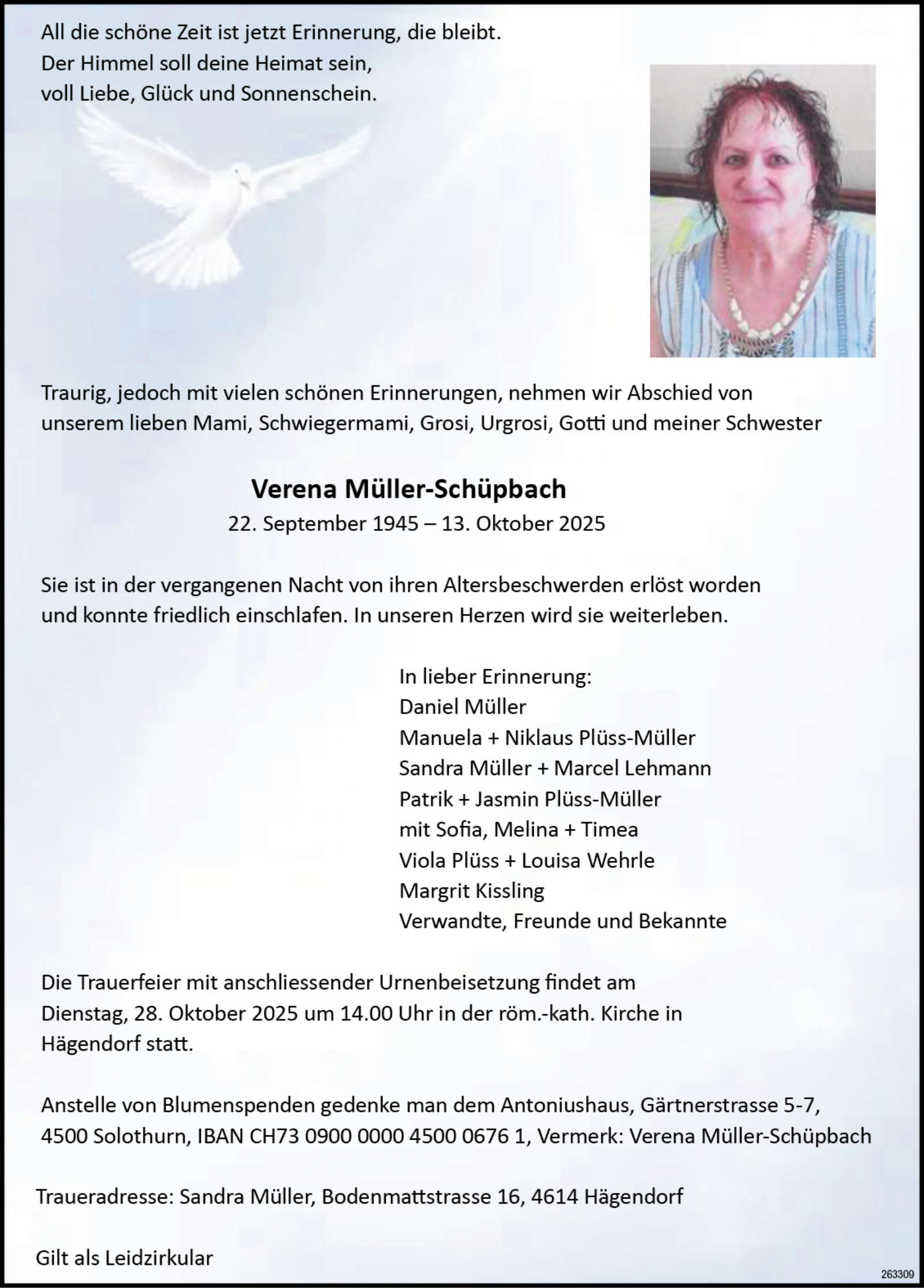 Verena Müller-Schüpbach 1945 Todesanzeige / Anzeiger Thal Gäu Olten