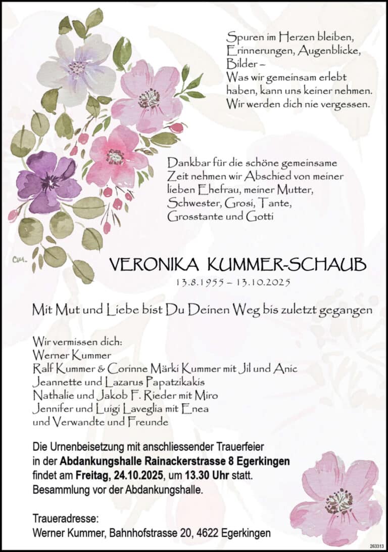 Veronika Kummer-Schaub 1955 Todesanzeige / Anzeiger Thal Gäu Olten