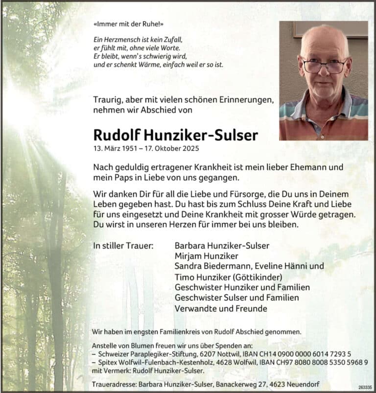 Rudolf Hunziker-Sulser 1951 Todesanzeige / Anzeiger Thal Gäu Olten