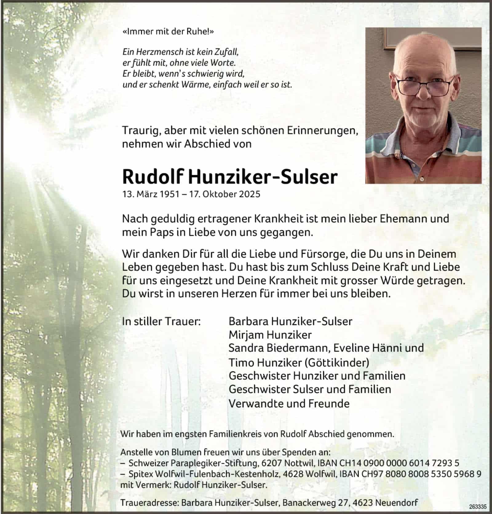 Rudolf Hunziker-Sulser 1951 Todesanzeige / Anzeiger Thal Gäu Olten