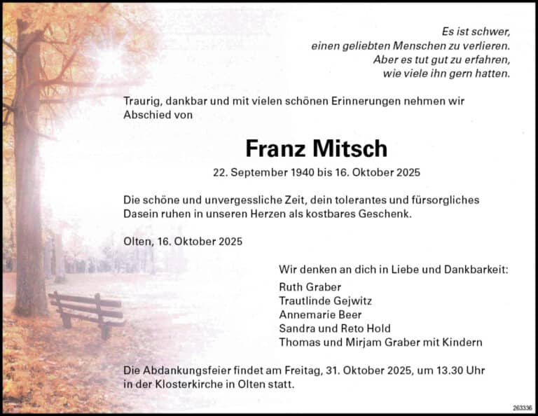 Franz Mitsch 1940 Todesanzeige / Anzeiger Thal Gäu Olten
