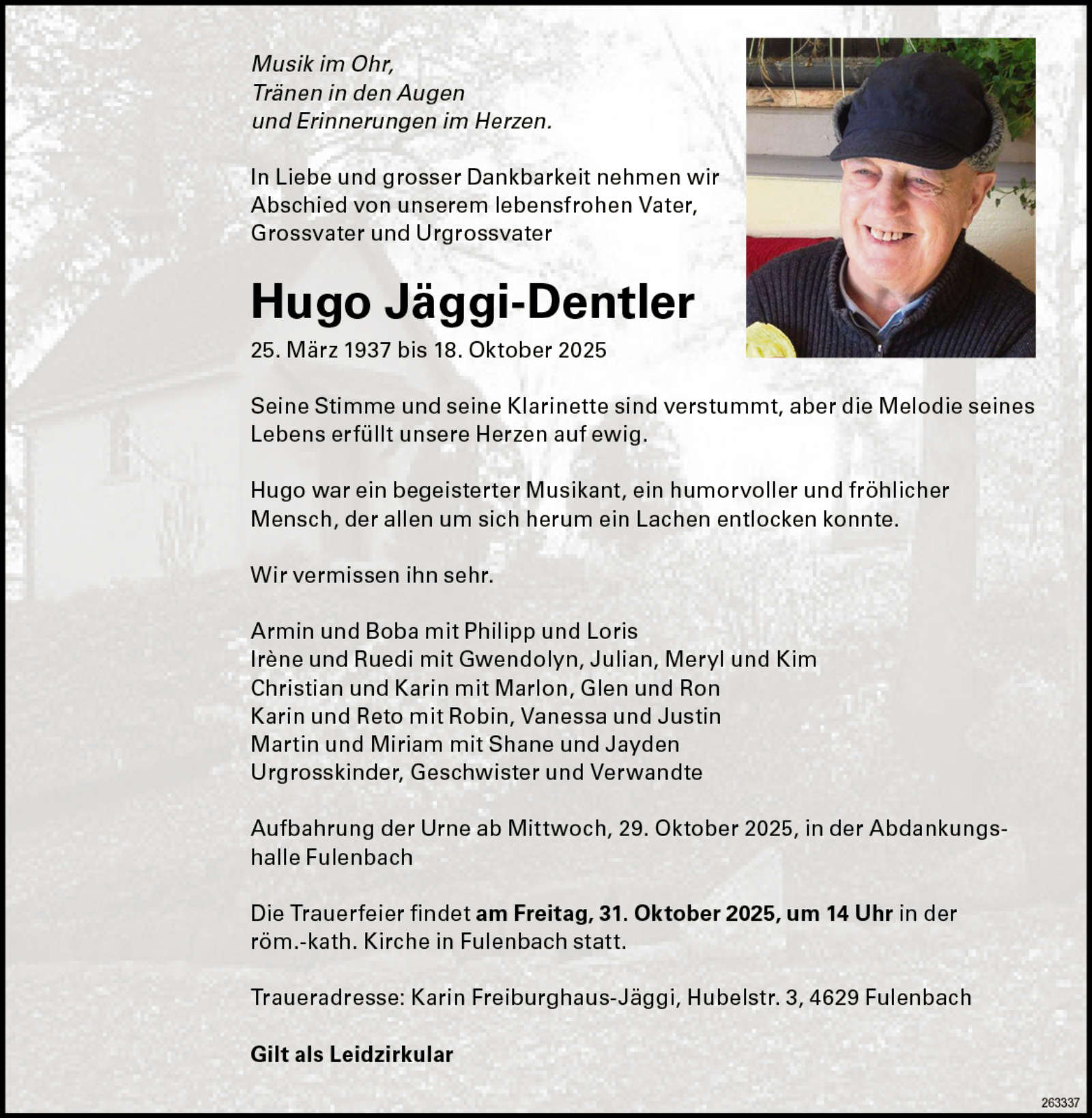 Hugo Jäggi-Dentler 1937 Todesanzeige / Anzeiger Thal Gäu Olten