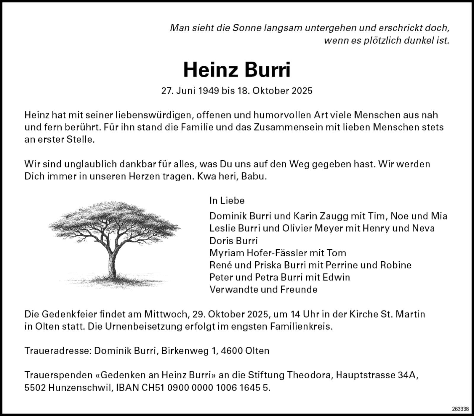 Heinz Burri 1949 Todesanzeige / Anzeiger Thal Gäu Olten