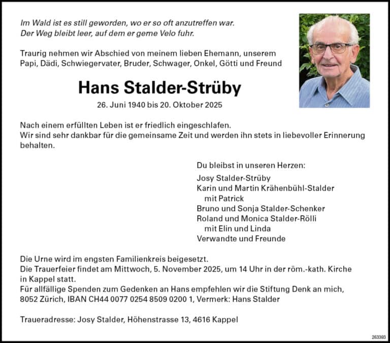 Hans Stalder-Strüby 1940 Todesanzeige / Anzeiger Thal Gäu Olten