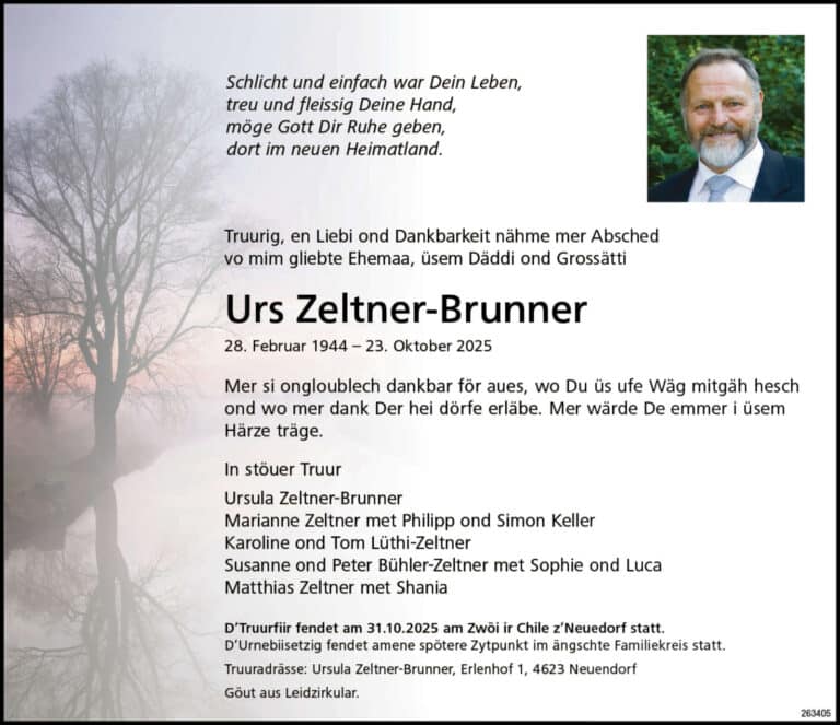 Urs Zeltner-Brunner 1944 Todesanzeige / Anzeiger Thal Gäu Olten