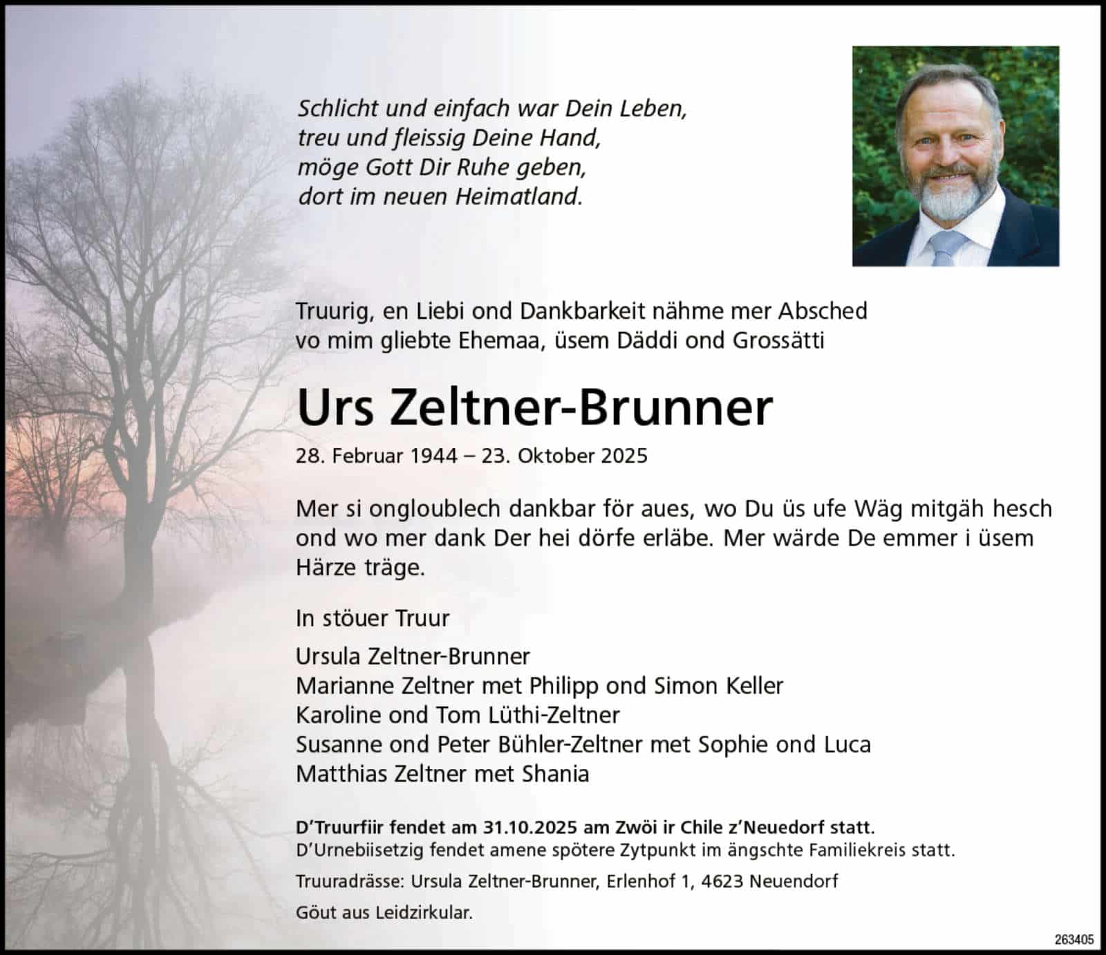 Urs Zeltner-Brunner 1944 Todesanzeige / Anzeiger Thal Gäu Olten
