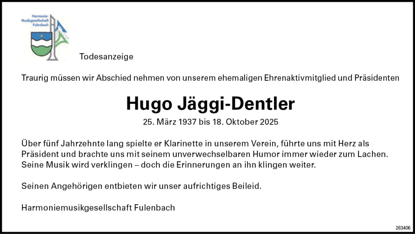 Hugo Jäggi-Dentler 1937 Todesanzeige / Anzeiger Thal Gäu Olten