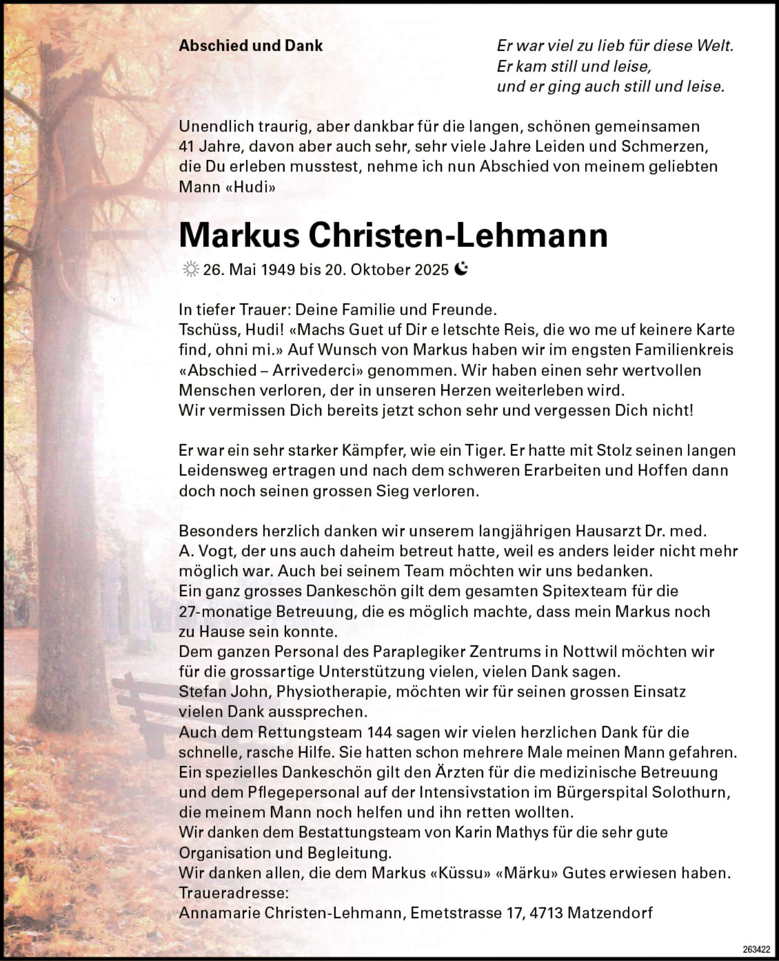 Markus Christen-Lehmann 1949 Todesanzeige / Anzeiger Thal Gäu Olten