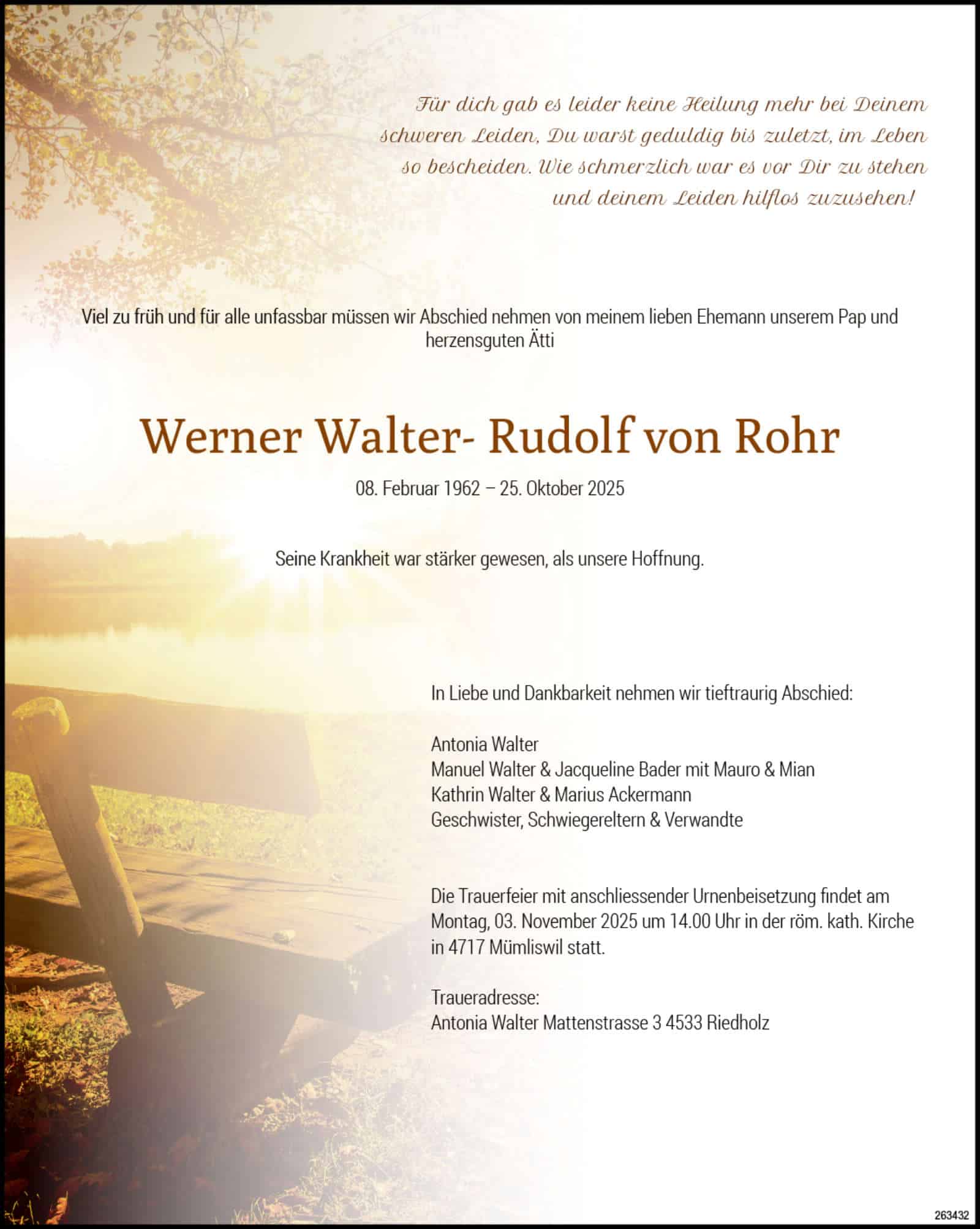 Werner Walter-Rudolf von Rohr 1962 Todesanzeige / Anzeiger Thal Gäu Olten