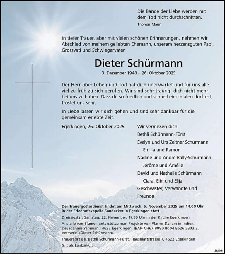 Dieter Schürmann 1948 Todesanzeige / Anzeiger Thal Gäu Olten