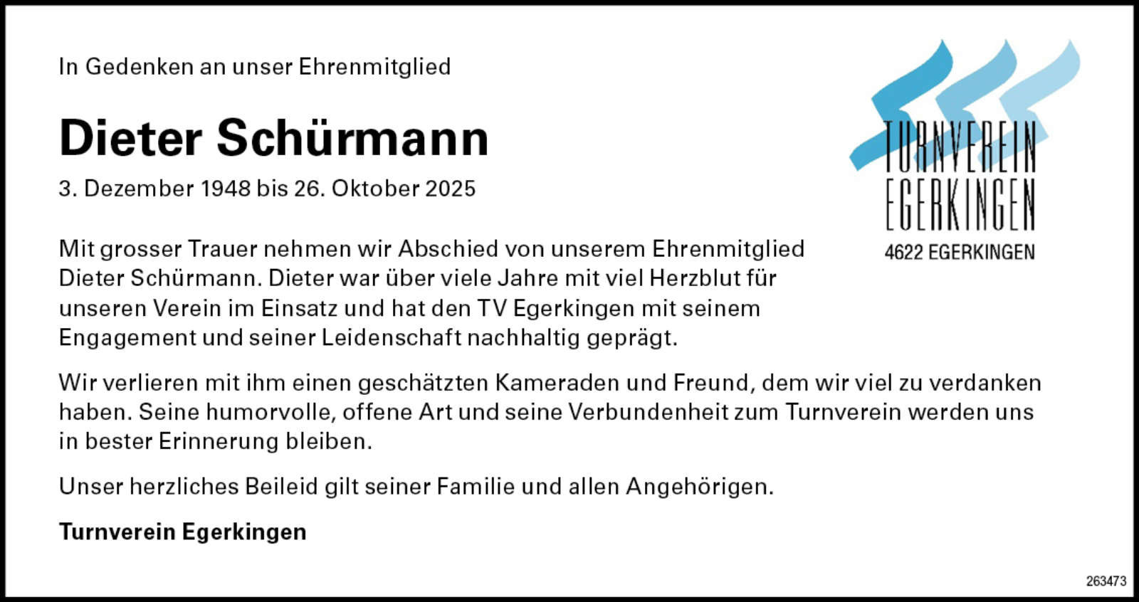 Dieter Schürmann Todesanzeige / Anzeiger Thal Gäu Olten