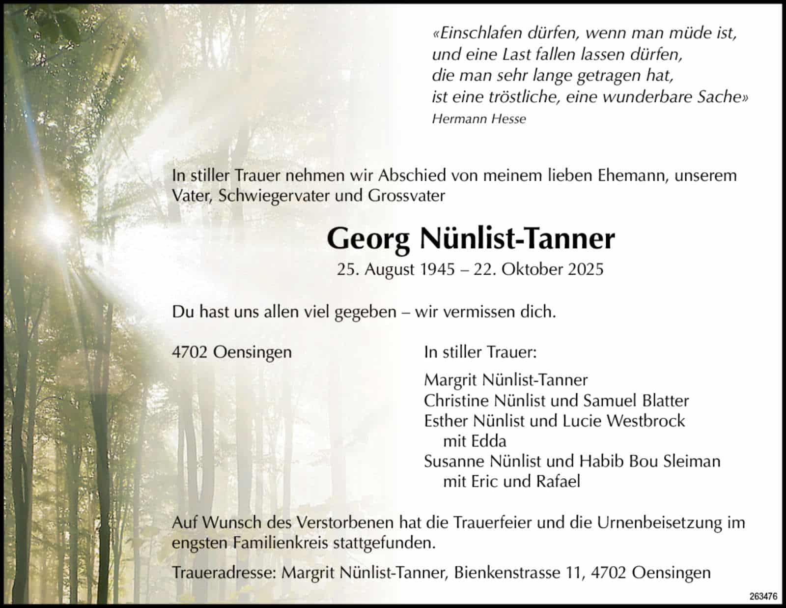 Georg Nünlist-Tanner 1945 Todesanzeige / Anzeiger Thal Gäu Olten