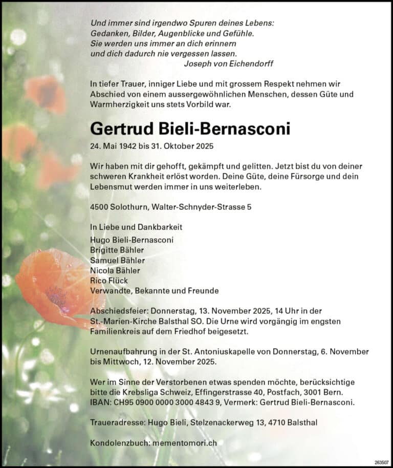 Gertrud Bieli-Bernasconi 1942 Todesanzeige / Anzeiger Thal Gäu Olten