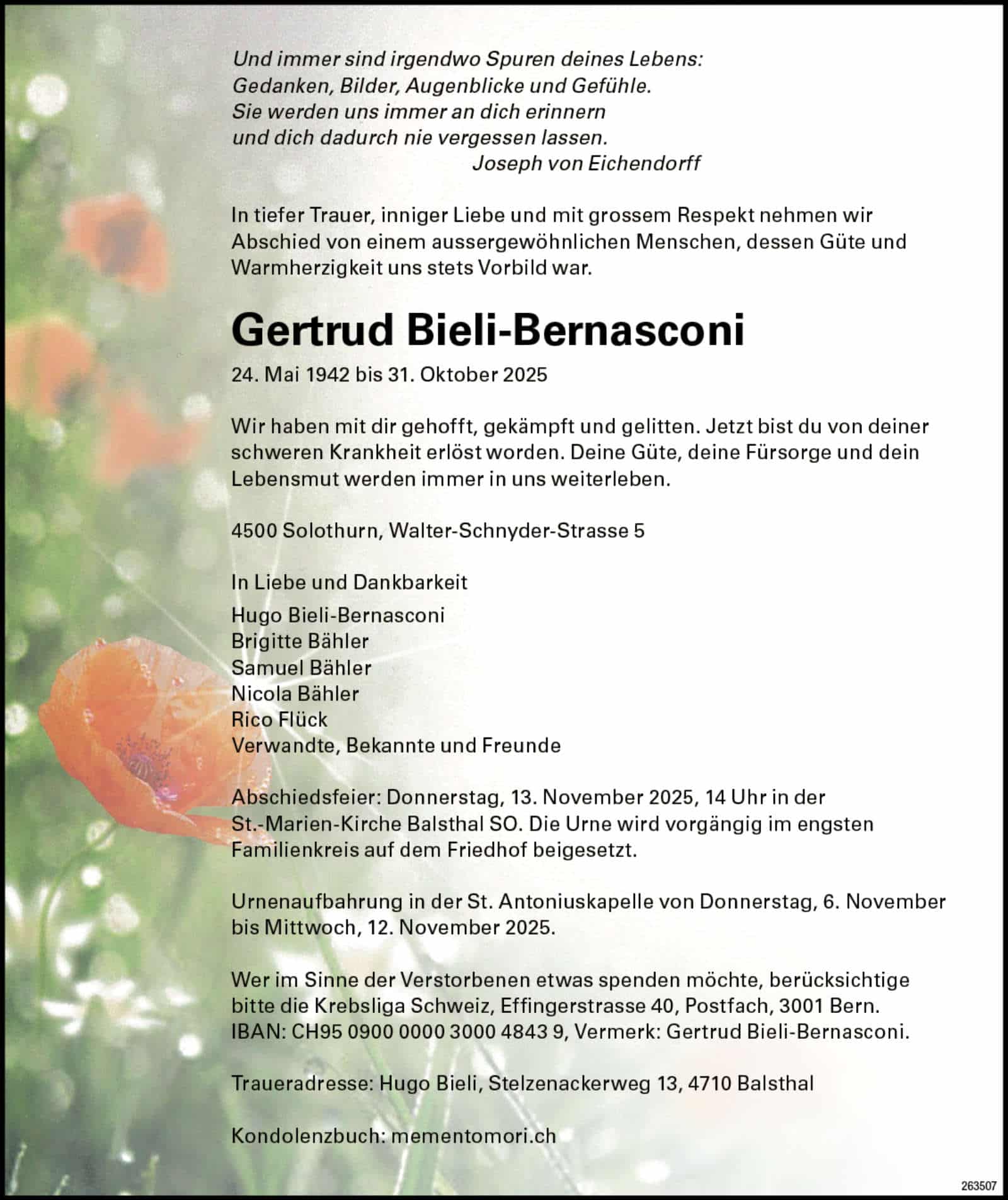 Gertrud Bieli-Bernasconi 1942 Todesanzeige / Anzeiger Thal Gäu Olten