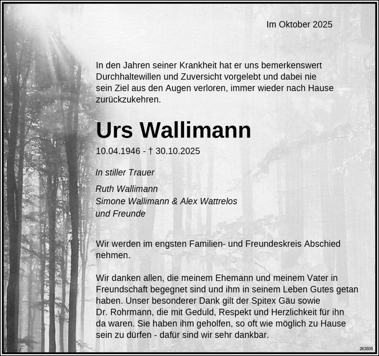 Urs Wallimann 1946 Todesanzeige / Anzeiger Thal Gäu Olten