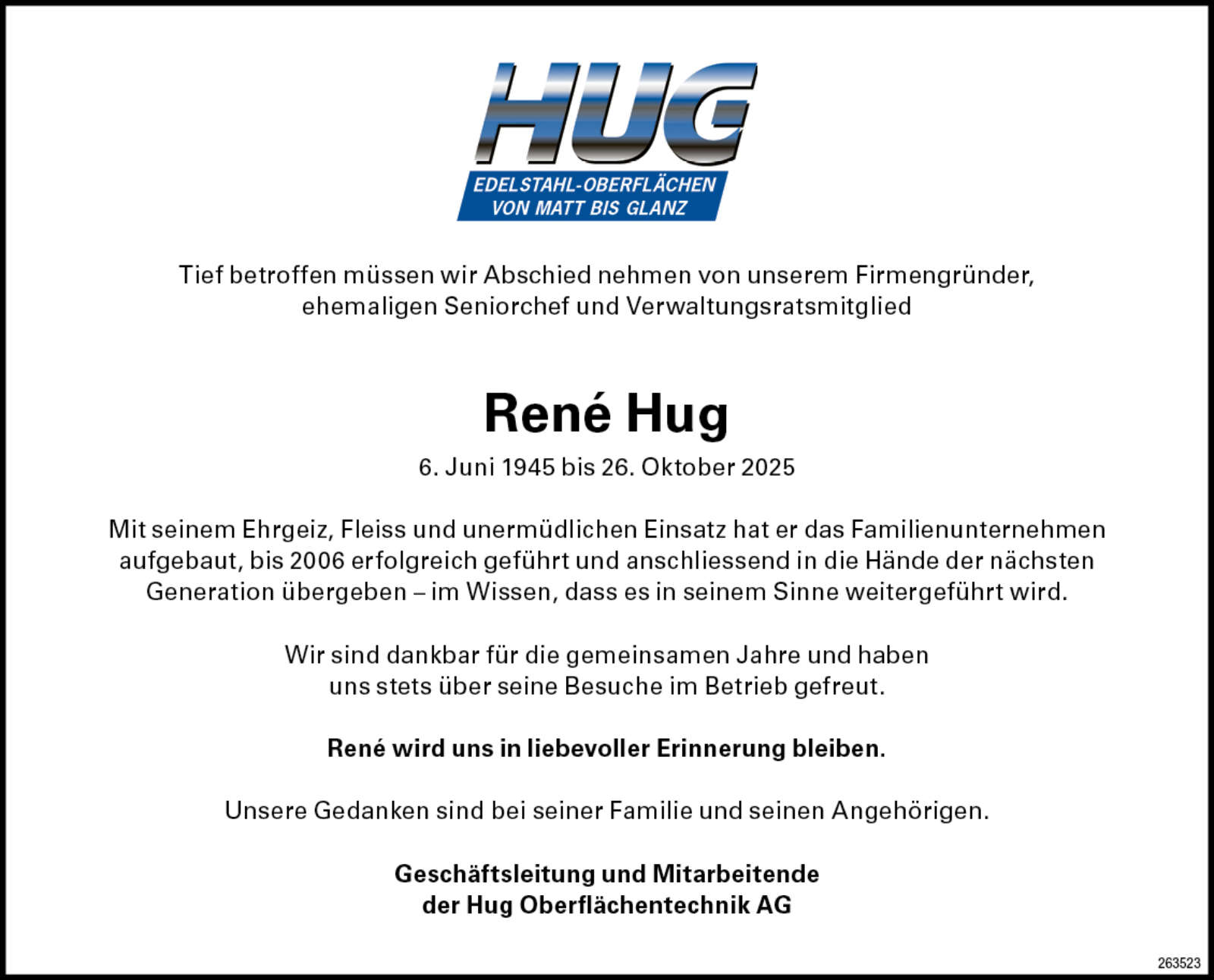 René Hug 1945 Todesanzeige / Anzeiger Thal Gäu Olten