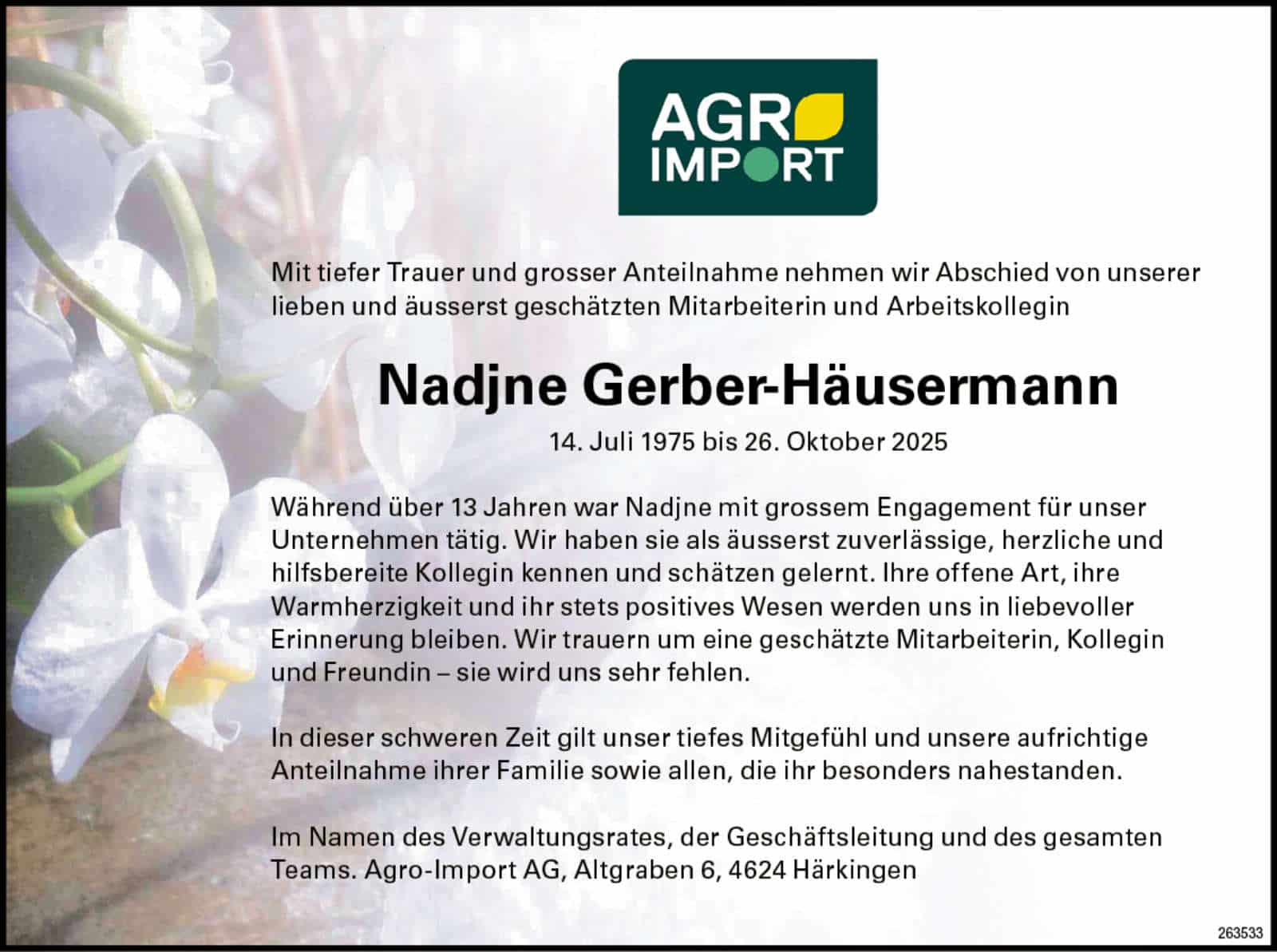 Nadjne Gerber-Häusermann 1975 Todesanzeige / Anzeiger Thal Gäu Olten