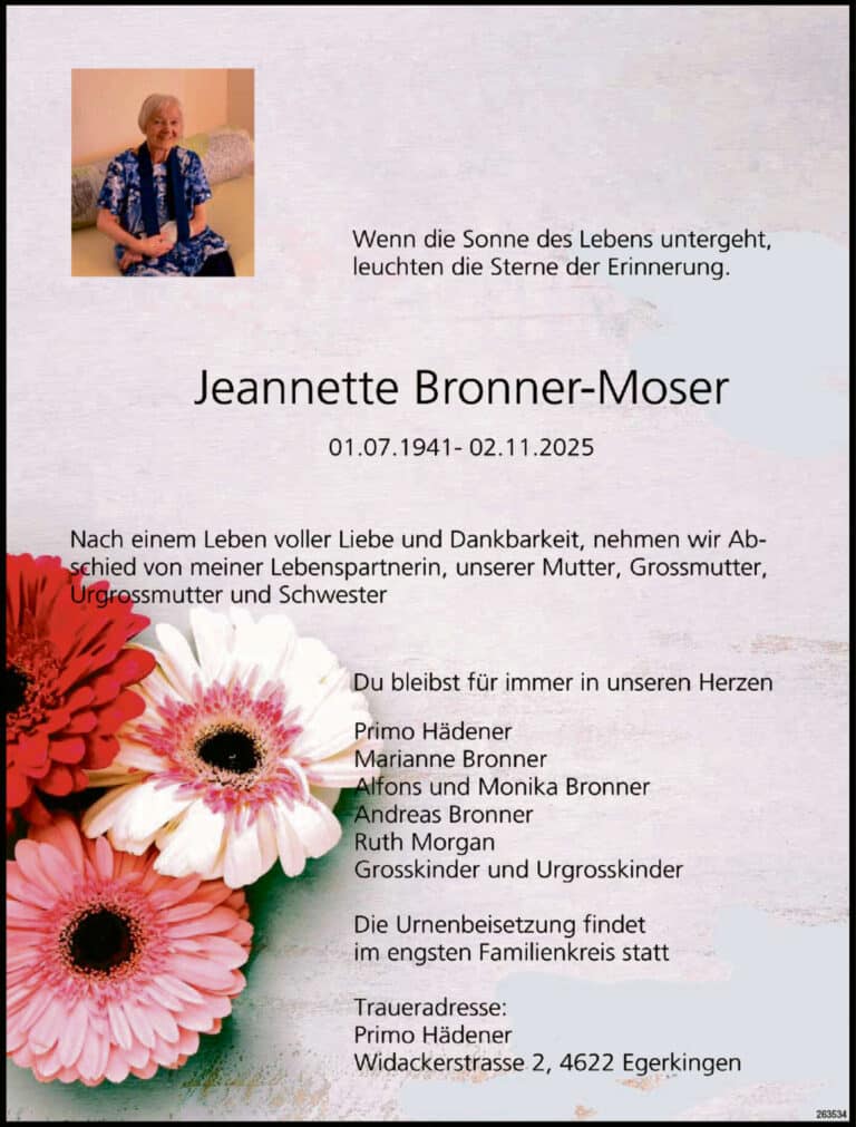 Jeannette Bronner Moser Todesanzeige / Anzeiger Thal Gäu Olten