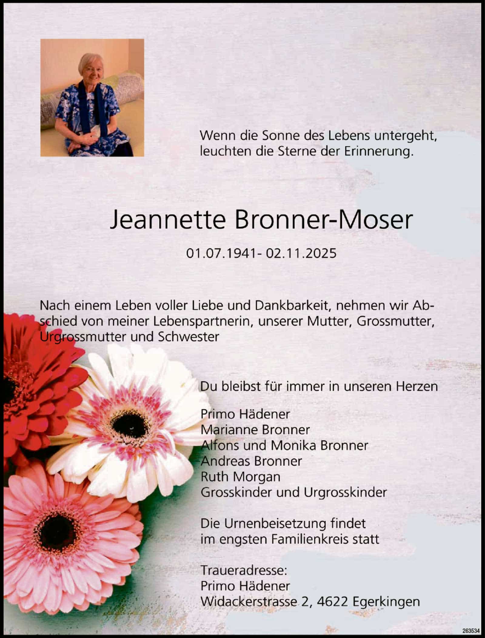 Jeannette Bronner Moser Todesanzeige / Anzeiger Thal Gäu Olten