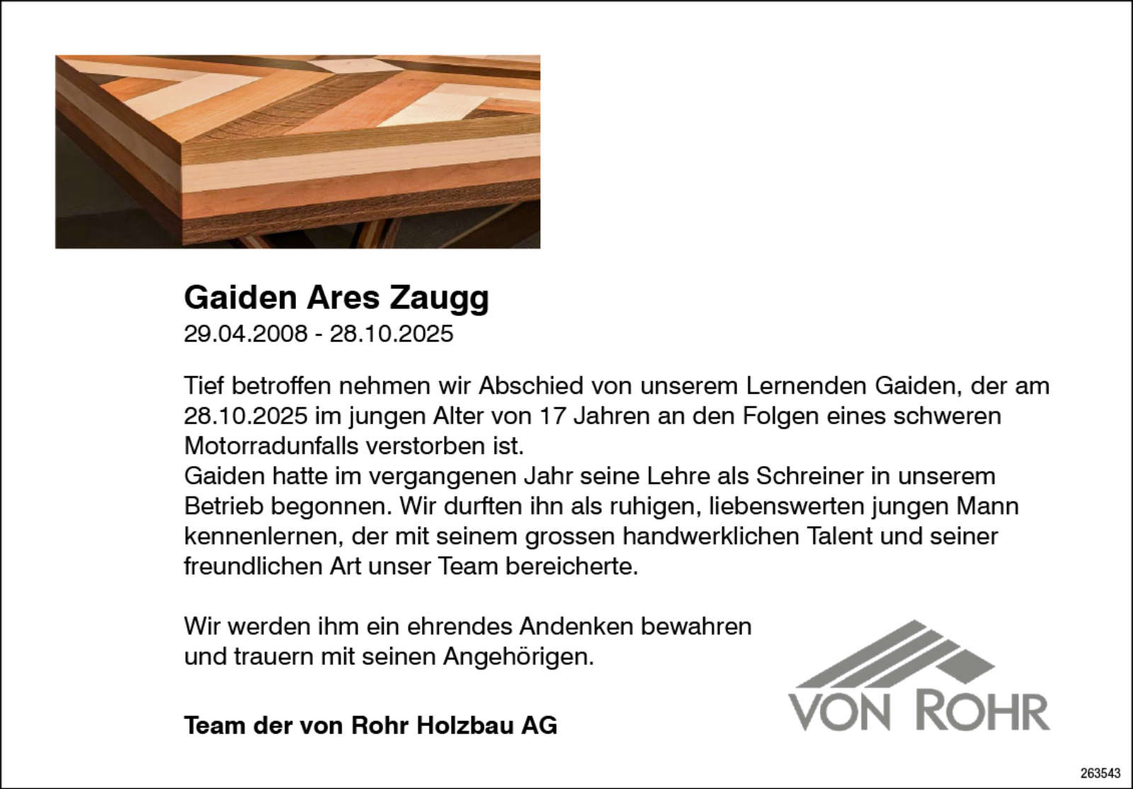 Gaiden Ares Zaugg 2008 Todesanzeige / Anzeiger Thal Gäu Olten