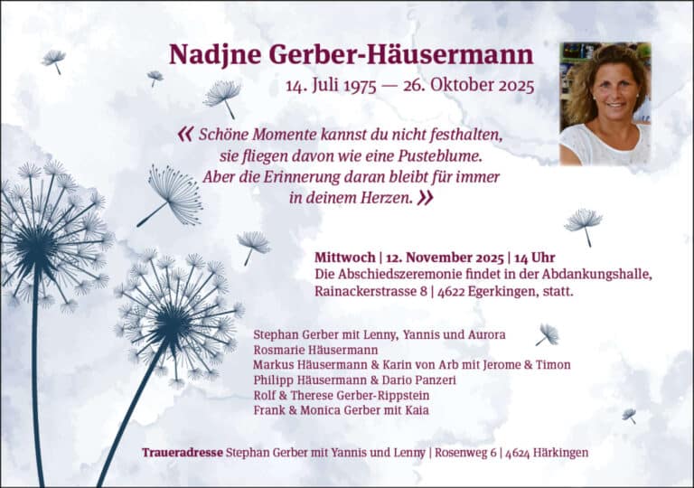 Nadjne Gerber-Häusermann 1975 Todesanzeige / Anzeiger Thal Gäu Olten