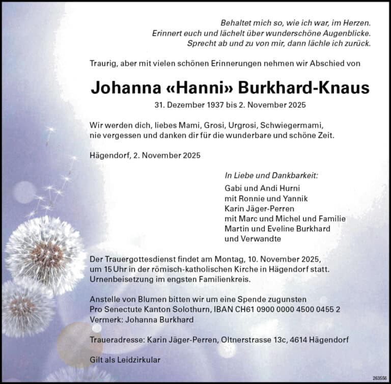 Johanna «Hanni» Burkhard-Knaus 1937 Todesanzeige / Anzeiger Thal Gäu Olten
