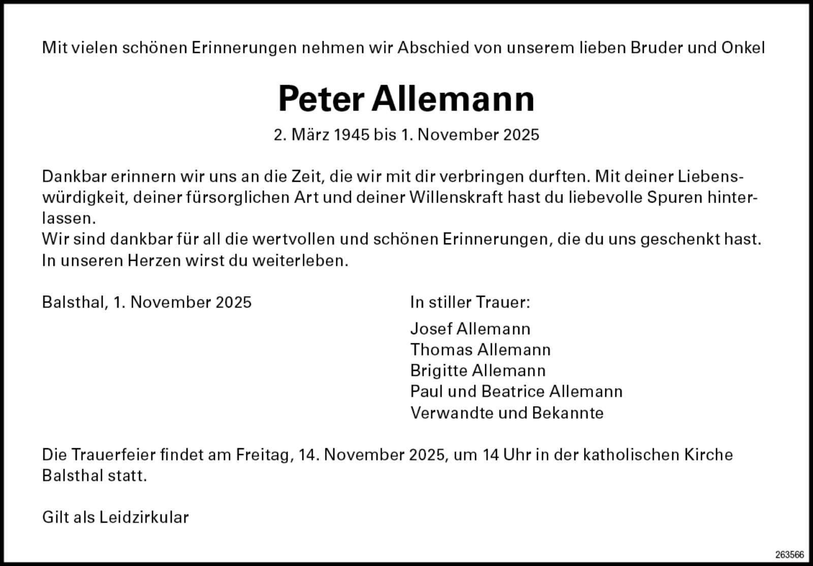 Peter Allemann 1945 Todesanzeige / Anzeiger Thal Gäu Olten