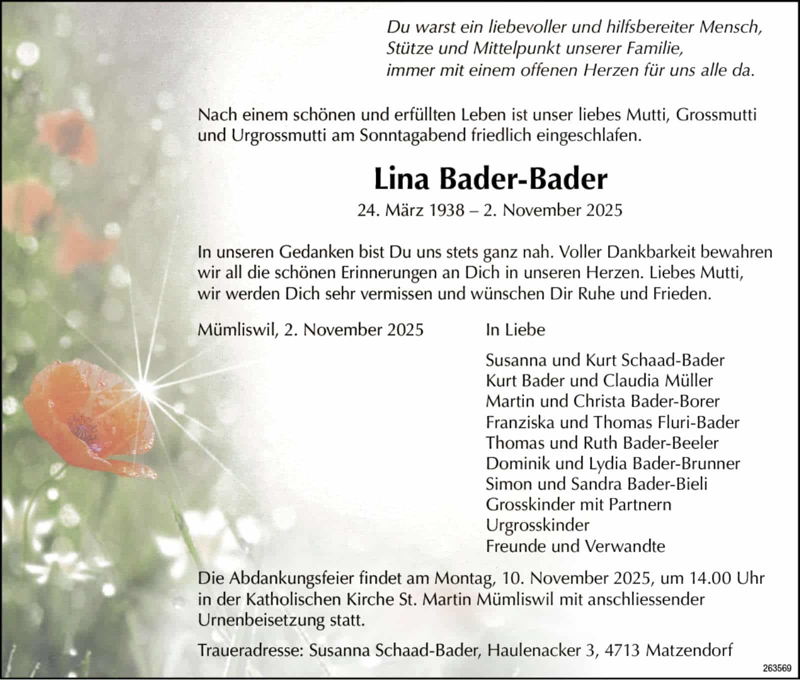 Lina Bader-Bader 1938 Todesanzeige / Anzeiger Thal Gäu Olten